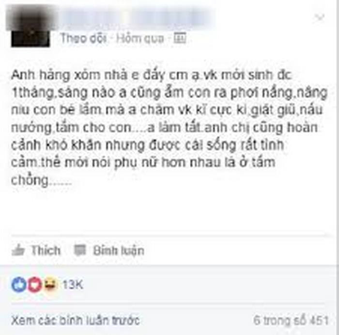 Ông bố này ngày nào cũng ẵm con đi phơi nắng, thậm chí là giặt giũ, nấu nướng, tắm cho con. Được biết hai vợ chồng họ chẳng dư giả gì nhưng được cái sống rất tình cảm. Cư dân mạng đã để lại nhiều lời khen ngợi cho ông bố tuyệt vời này: “phụ nữ hơn nhau ở tấm chồng”, “ông bố của năm”,… Ảnh: FBNV.