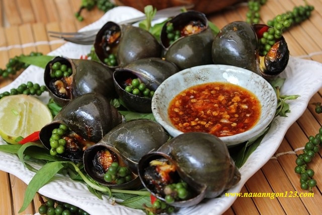 3. Ốc bươu nướng tiêu. Nguyên liệu: Ốc bươu, sả, rau răm. Gia vị: gừng, ớt, chanh, đường, hạt nêm từ thịt, tiêu sọ. Ngâm ốc trong nước vo gạo một đêm cho sạch nhớt. Tiêu sọ đập dập, trộn chung với hạt nêm từ thịt theo tỉ lệ hai muỗng tiêu một muỗng hạt nêm từ thịt. Cạy miệng ốc, rắc hỗn hợp hạt nêm và tiêu vào từng con ốc, xếp vào nồi đất. Để nồi đất vào xửng hấp cách thủy với lửa vừa khoảng 10 phút là ổ chín. Dọn kèm nước mắm gừng pha chua ngọt và rau răm. Ảnh: nauanngon123.com.