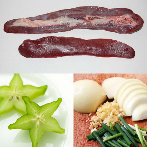 4. Lá lách xào khế chua. Nguyên liệu: Lá lách, dầu hào, khế chua, hành tây, hạt nêm, ớt sa tế, rau răm, hành lá, gừng, rượu trắng, gia vị. Lá lách rửa sạch, chần qua, thái lát vừa ăn, ướp cùng hạt nêm và muối. Ảnh: longlontietcanh.com.