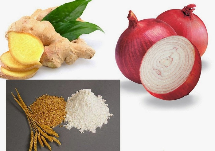 Gừng tươi. Ðem 20g gừng và 15g hành củ rửa sạch giã nát rồi trộn với 30g bột mì. Sau đó đem hỗn hợp xào nóng lên và đắp vào chỗ đau, dùng băng vải cố định lại. Mỗi ngày thay băng 1 lần. Thực hiện như vậy trong 3-4 ngày sẽ thấy hiệu quả. Ảnh: Ancotnam.