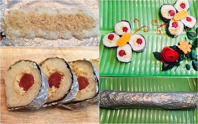Kế đến là lớp mỏng chà bông, cuối cùng cho lạp xưởng vào giữa, cuộn chặt tay giấy bạc bọc bên ngoài. Để nguội rồi đem nướng trên bếp hoặc lò nướng (nhiệt độ 200 độ C, 10 phút). Xôi nướng ăn kèm đồ chua hay kim chi đều ngon. Ảnh: Emdep.vn.