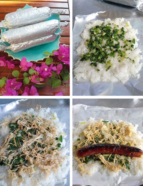 4. Xôi nướng cuộn nạp xưởng. Nguyên liệu: Xôi trắng, lạp xưởng, hành lá, chà bông, lá dứa. Lạp xưởng luộc qua rồi chiên lên. Cắt tấm giấy bạc lớn hơn cây lạp xưởng, cho xôi ra, tán mỏng đều trên lớp dầu hành (chỉ lấy phần hành). Ảnh: doisongphapluat.com.
