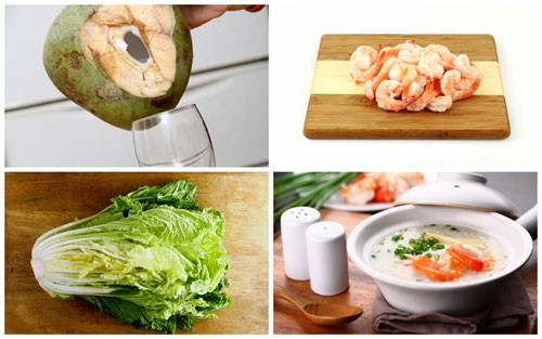 Đầu tiên luộc tôm cùng nước dừa, sau đó vớt tôm ra và lấy nước luộc để ninh cháo. Thịt tôm bóc vỏ đem băm nhỏ bỏ vào cháo cho bé ăn. Ảnh: Chamconkhoe.
