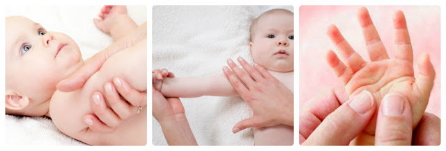 4. Massage tay: Dùng hai tay mẹ nắn và massage nhẹ nhàng tay của con từ bả vai cho đến từng ngón tay. Lặp lại các bước tương tự như bên tay kia. Ảnh: mebauvabesausinh.blogspot.com.