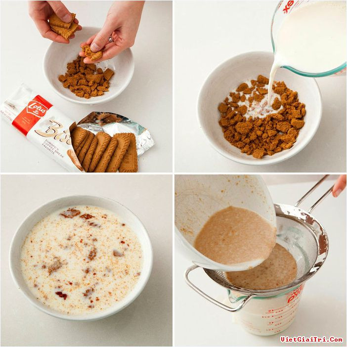 5. Sữa lắc. Nguyên liệu: Kem, sữa tươi, bánh kẹo yêu thích, siro hoặc sữa bột, trái cây. Cho sữa tươi vào máy xay sinh tố. Cho thêm trái cây, kẹo, bánh quy chocolate... vào máy. Để tăng hương vị thơm ngon cho sữa lắc, nên phối hợp trái cây với hương kem thích hợp. Với các loại kẹo, chocolate, bánh, trước khi cho vào máy, nên cắt nhỏ chúng ra. Ảnh: vietgiaitri.com.