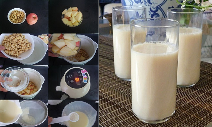 6. Sữa đậu nành táo đỏ. Nguyên liệu: Đậu tương, táo, đường cát. Đậu tương rửa qua rồi ngâm nước 8 tiếng. Táo rửa sạch, ngâm nước muối khoảng 10 phút rồi cắt miếng (không cần gọt vỏ). Đậu tương ngâm nước đủ 8 tiếng vớt ra, rửa lại rồi cho vào máy làm sữa đậu nành. Ảnh: kenhphunu.com.