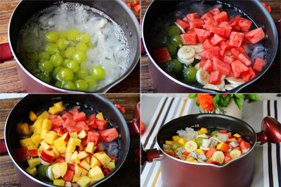 6. Chè nho trái cây. Nguyên liệu: Dưa hấu, xoài, nho xanh, đào, chuối, nấm tuyết, đường phèn, nước lọc. Ngâm nấm tuyết cho nở rồi cắt nhỏ ra. Chuẩn bị một nồi nước lạnh, cho một ít đường phèn vào đun với lửa lớn cho sôi, sau đó cho nấm vào rồi đun nhỏ lửa trong khoảng 12-15 phút. Ảnh: loaphuong.com.
