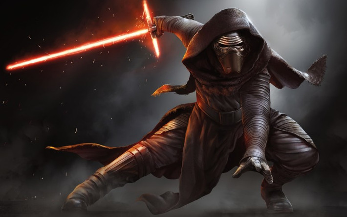 Nhân vật Kylo Ren do Adam Driver thủ vai. Kylo Ren là một nhân vật phản diện khá thú vị trong phim “Star Wars: The Force Awakens“. Anh đi theo bước chân của Darth Maul và Darth Vader. Kylo Ren tự sáng chế chiếc kiếm ánh sáng của mình với 2 tia ánh sáng ở phần giá đỡ.