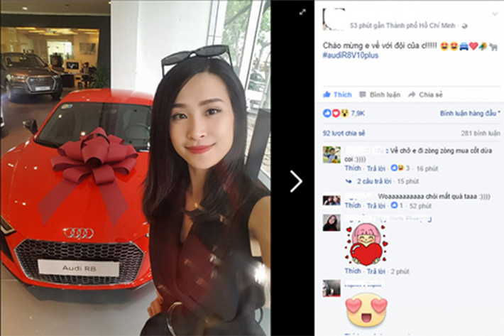 Mới đây, để đón chào năm mới Đinh Dậu 2017, nữ ca sĩ Đông Nhi vừa tậu cho mình chiếc siêu xe thể thao hiệu suất cao Audi R8 V10 Plus. Được biết, siêu xe này có trị giá lên tới gần 13 tỷ đồng tại Việt Nam.