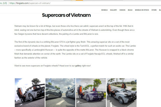Chiếc McLaren 570S từng thuộc sở hữu của tay chơi siêu xe nổi tiếng Cường "đô la" mang phong cách máy bay chiến đấu phản lực nổi bật với một lớp dán decal toàn thân màu xám mờ. Tuy nhiên khó có thể bỏ qua chi tiết nổi bật nhất của xe đó là bộ mâm Forgiato.