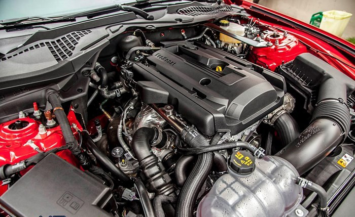 Ford Mustang sử dụng động cơ EcoBoost 4 xi-lanh, dung tích 2,3 lít, sản sinh công suất tối đa 310 mã lực và mô-men xoắn cực đại 433 Nm. Sức mạnh được truyền tới bánh thông qua hộp số tự động 6 cấp. Nhờ đó, xe có thể tăng tốc từ 0-100 km/h trong 5 giây và đạt vận tốc tối đa 250 km/h