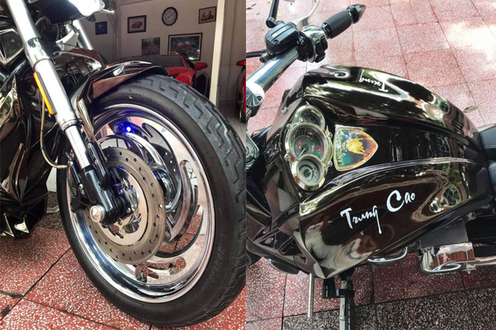 Đặc biệt xe được trang bị cặp mâm "Thần gió" được thửa riềng từ một hãng độ nước ngoài với bản rộng, được thiết kế đầy ấn tượng cho mẫu xế "khủng" này đi kèm với lốp sau có kích thước "khổng lồ" 300/30/17.