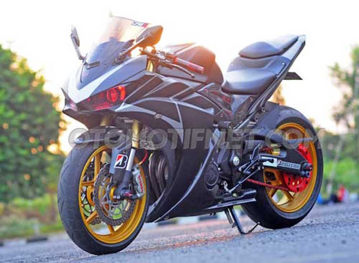 Trên bản độ sportbike Yamaha R25 này, chi tiết ấn tượng nhất và mang tính quyết định tới kiểu dáng superbike của chiếc xe là bộ vành lấy từ Kawasaki ZX-6R, có bản rộng 3.5 cho bánh trước và 5.5 inch ở bánh sau.
