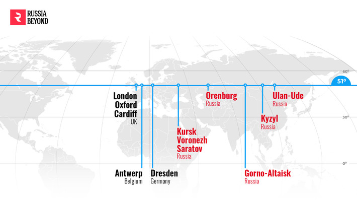 Thủ đô London và Oxford (Anh), Cardiff (xứ Wales), Dresden (Đức) và Antwerp (Bỉ) nằm trên vĩ độ 51 giống như Kursk, Voronezh, Saratov và Orenburg của Nga.