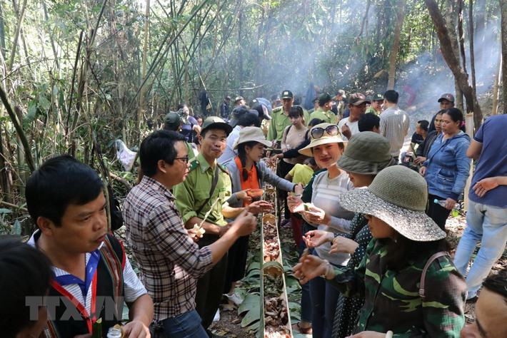 Sau lễ cúng Rừng, bà con huyện tập trung ăn uống theo kiểu truyền thống. (Ảnh: Hồng Điệp/TTXVN)