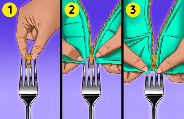 Dùng nĩa để cố định các mấu khóa bị bung: Nếu không may khóa kéo bị bung ra, bạn đừng cố sức dùng tay để đưa chúng vào vị trí ban đầu. Lúc này, bạn có thể tận dụng mẹo vặt từ chiếc nĩa để cố định rồi luồn vào như trong hình. (Nguồn: BS)