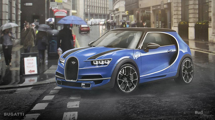 Được thể hiện dưới thiết kế của Mini, Bugatt có nóc xe bằng phẳng, cột C bo tròn hơn quấn lấy cửa xe. Mặt trước, lưới tản nhiệt hình móng ngựa và đèn pha rất phù hợp với thiết kế của Mini.