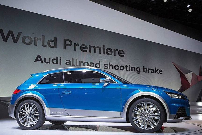 Audi Allroad Shooting Brake Concept - Đây chính là bản shooting brake thứ 2 của Audi TT được phát triển và nó gây ra không ít bất ngờ tại triển lãm NAIAS 2014. Allroad Shooting Brake Concept là một biến thể của TT nhưng có tính thực dụng cao hơn với khả năng vượt mọi địa hình. Mẫu thiết kế này được trang bị hệ thống động lực hybrid, bao gồm 1 động cơ 2,0 lít kết hợp với 2 mô-tơ điện.
