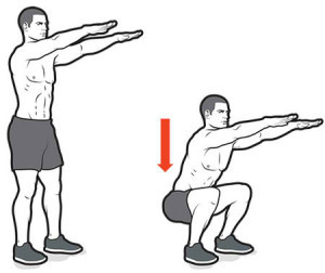 Động tác 2: động tác squat. Lưng thẳng, hạ thấp hông sao cho đùi song song với mặt đất. Giữ nguyên tư thế trong vài giây rồi lại đứng lên về vị trí ban đầu. Thực hiện lại động tác này 10 lần.