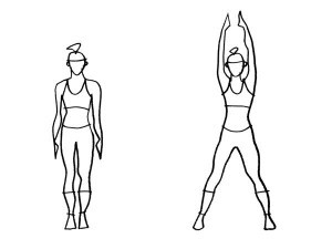 Động tác 1: nhảy tại chỗ. Hai tay thả ngang thân, chân chụm. Bước 1, nhảy lên, hai tay đưa lên vỗ vào nhau phía trên đầu, hai chân mở rộng ngang vai. Nhảy bước 2, thả tay và rút chân về vị trí ban đầu. Thực hiện 10 lần động tác nhảy tại chỗ.