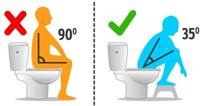 Đặc biệt, ngồi xổm có lợi cho hệ tiêu hoá và sức khoẻ. Chính vì vậy, khi đại tiện, bạn nên tận dụng một chiếc ghế để đặt chân khi đi vệ sinh. Mọi người sẽ thấy việc đi nhẹ nhàng hơn rất nhiều, ít bị táo bón hơn. Ảnh: Internet.