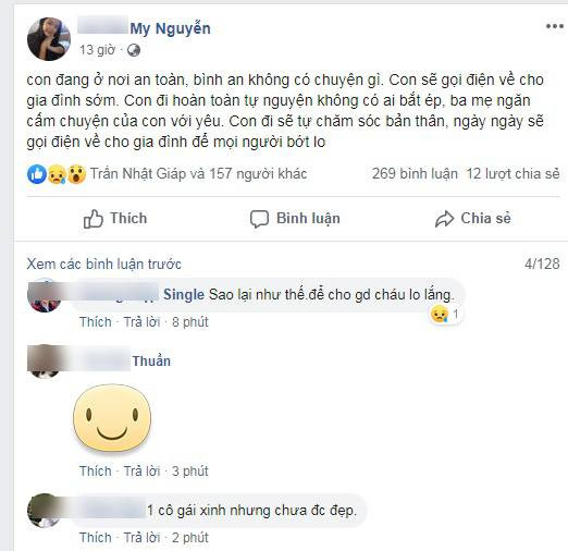 Ngày 14/8, chị Vũ Thị Đông (mẹ Trà My) cho biết, khoảng 23h đêm ngày 13/8, trên trang cá nhân Facebook của nữ sinh mất tích bí ẩn tại sân bay Nội Bài này có đăng tải một một thông tin như sau: "Con đang ở nơi an toàn, bình an không có chuyện gì. Con sẽ gọi điện về cho gia đình sớm. Con đi hoàn toàn tự nguyện không có ai bắt ép, ba mẹ ngăn cấm chuyện của con với yêu. Con đi sẽ tự chăm sóc bản thân, ngày ngày sẽ gọi điện về cho gia đình để mọi người bớt lo.”