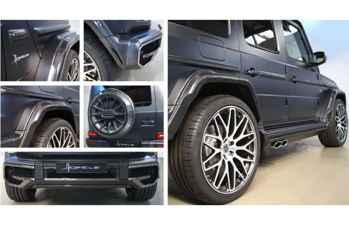 Về ngoại thất, mẫu xe SUV huyền thoại của Mercedes được trang bị cản trước mới được mạ chrome tối màu dọc theo các đường viền, chắn bùn và ốp vòm bánh xe bằng carbon, đèn trợ sáng trên nóc xe.