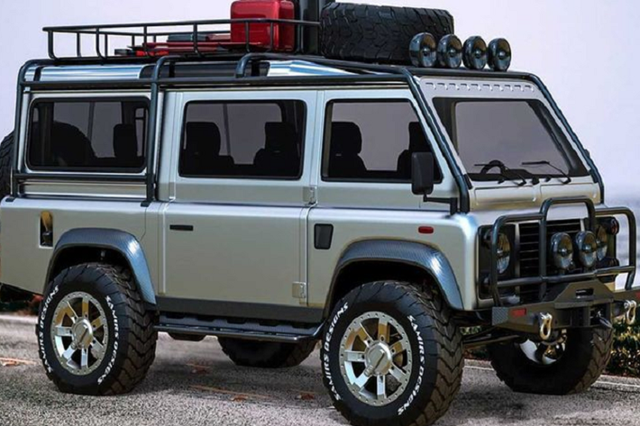 Nhìn từ bên hông, chiếc xe Defender độc đáo nảy trông như một chiếc xe buýt nhỏ "hoang dại" với các lốp địa hình hầm hố và những vòm bánh xe vuông vức, cung cấp cho xe khả năng off-road tuyệt vời.