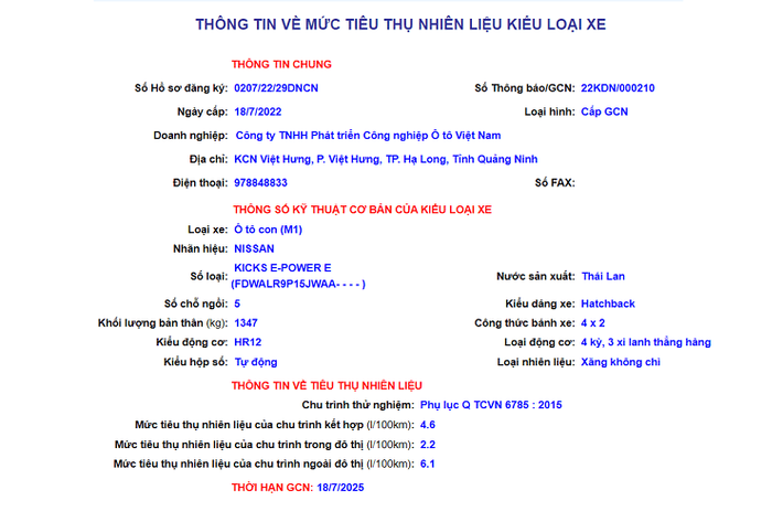 Trước đó, Cục Đăng kiểm Việt Nam cũng đã công bố mức tiêu thụ nhiên liệu của xe Nissan Kicks e-Power 2022 tại Việt Nam và cho thấy, xe được nhập khẩu nguyên chiếc từ Thái Lan với 2 phiên bản là E và V.