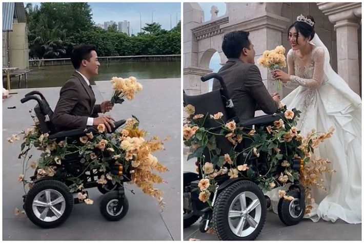 Theo đó, trong ngày trọng đại của mình thay vì đi ôtô, có tài xế riêng như các cặp đôi khác, anh Khánh lại chọn xe hoa độc nhất vô nhị - đó chính là chiếc xe lăn. Chàng trai diện vest bảnh bao, ngồi trên chiếc xe lăn thường ngày nhưng được trang trí đầy hoa tươi thật đặc biệt.