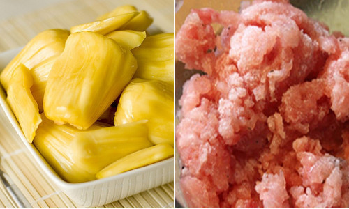 Nguyên liệu để làm món mít chín nhồi thịt hấp gồm có 500g mít chín, 200g thịt nạc xay, hành hoa, rau mùi, gia vị. Ảnh: 2nau.