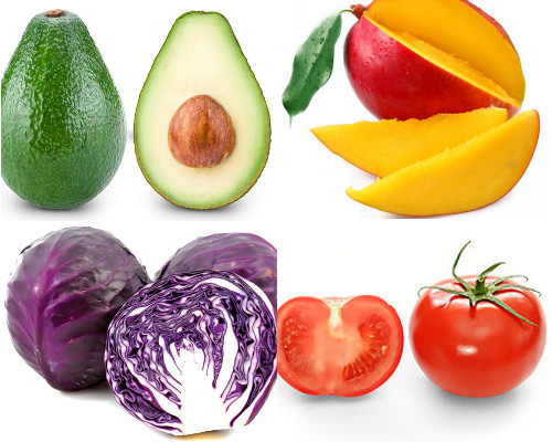 Nguyên liệu làm salad bơ xoài gồm có: 2 quả xoài chín, 2 quả bơ, 1/4 cái bắp cải tím, 1 quả cà chua, 1/2 củ hành tây, 1 quả chanh, dầu ôliu, hạt tiêu, rau mùi.