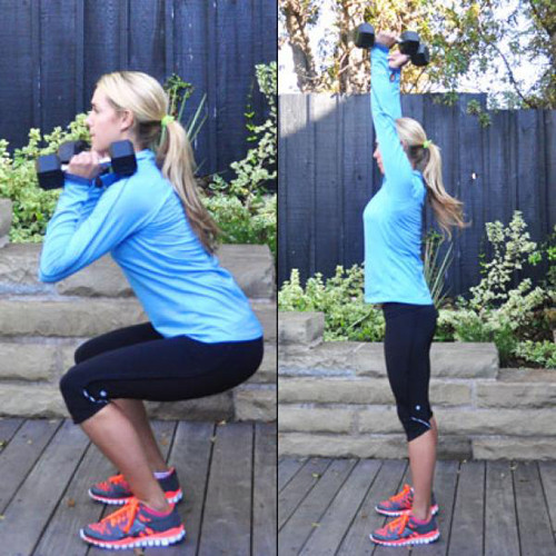 3. Squat to press. Bài tập hỗ trợ đùi, mông chặt chẽ. Hai tay cầm tạ vừa và đứng dạng hai chân bằng vai. Sau đó, hạ khuỷu tay xuống cho tạ bằng vai đồng thời cũng hạ thân xuống như bạn đang ngồi. Trở lại với tư thế ban đầu. Động tác này hãy lặp đi lặp lại 10 lần.