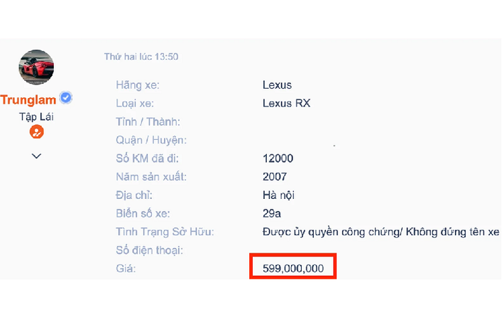 Theo thông tin rao bán trên sàn xe cũ, chiếc crossover hạng sang Lexus RX350 đời 2007 này đang được chào bán với mức giá “thách cưới” 599 triệu đồng, ngoại thất xe trong tình trạng khá mới. Nhìn chung, mức giá xe Lexus RX 350 2007 gần 15 năm tuổi này còn rẻ hơn việc “đập hộp” và lăn bánh những chiếc CUV hạng B trên thị trường như Hyundai Kona (từ 636 triệu đồng) hay Kia Seltos (từ 629 triệu đồng).