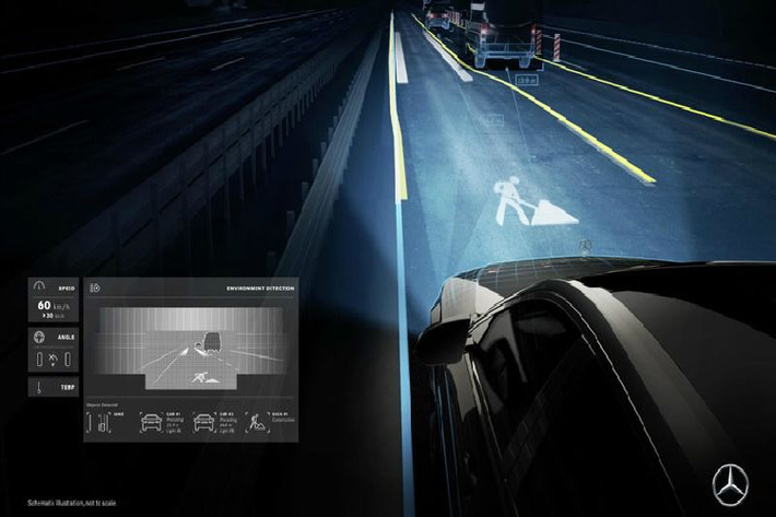 Ví dụ, ở những khu vực như công trường, hệ thống đèn pha Digital Light chiếu lên mặt đường hai đường kẻ sáng tương đương bằng chiều ngang xe để người lái định vị tốt hơn trong không gian hẹp, hình ảnh máy xúc cũng được rọi lên để nhắc nhở tài xế.