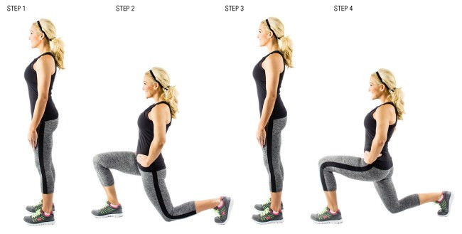 2. LungeTập lunge là cách tuyệt vời bạn có thể hiện ở nhà. Thay vì đi lại bình thường, bạn hãy kết hợp những bước nhún như hình.
