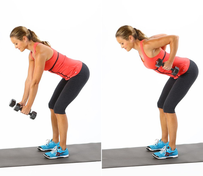 5. Gập lưng Cơ lưng của chúng ta thường yếu, bài tập bent-over row với tạ tay sẽ giúp rèn chắc cơ lưng khi hai khuỷu tay nâng lên, ép sát cơ thể, cơ từ vai xuống thắt lưng siết chặt.