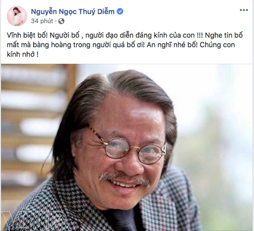 Diễn viên Thúy Diễm gửi lời vĩnh biệt tới NSƯT Bùi Cường - người đạo diễn đáng kính được cô gọi là "bố". Cô vẫn chưa hết bàng hoàng trước sự ra đi của cố nghệ sĩ bởi trước đó ông vẫn còn khỏe mạnh.