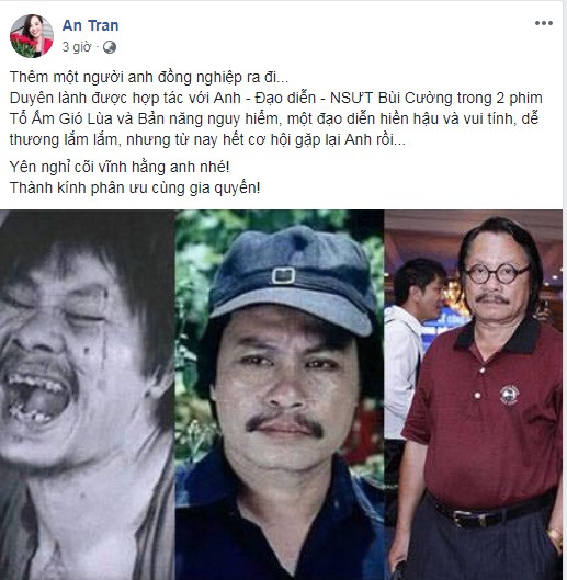 "Thêm một người anh đồng nghiệp ra đi... Duyên lành được hợp tác với anh - đạo diễn - NSƯT Bùi Cường trong 2 phim "Tổ ấm gió lùa" và "Bản năng nguy hiểm". Một đạo diễn hiền hậu và vui tính, dễ thương lắm lắm, nhưng từ nay hết cơ hội gặp lại anh rồi... Yên nghỉ cõi vĩnh hằng anh nhé!", diễn viên Hoài An tiếc thương với sự mất mát của làng điện ảnh Việt khi nghệ sĩ Bùi Cường qua đời.