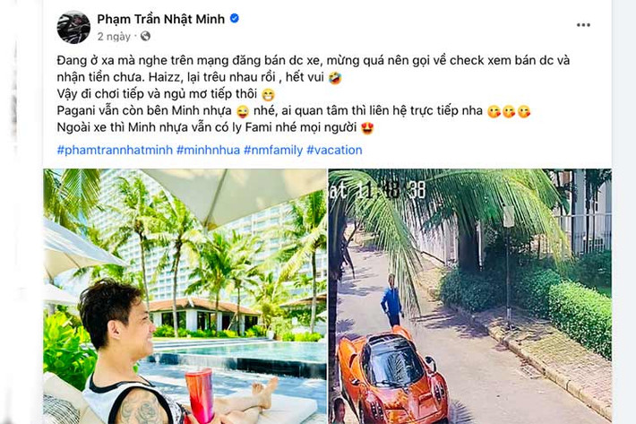 Theo đó, Minh Nhựacho biết, "Đang ở xa mà nghe trên mạng đăng bán được xe, mừng quá nên gọi về kiểm tra xem bán được và nhận tiền chưa. Haizz, lại trêu nhau rồi, Pagani vẫn còn bên Minh Nhựa nhé. Ai quan tâm thì liên hệ trực tiếp nha".