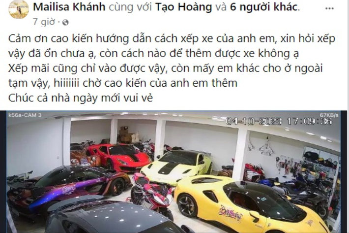 Cụ thể, đại gia Hải Dương chia sẻ "Quay tới quay lui mà không để hết xe, bác nào chuyên nghiệp chỉ em cách xếp sao cho hết xe vào nhà được không ạ, chứ khi này mưa gió quá để ngoài công viên sợ hư hết, còn 7 con mà không biết sao đưa vào nhà".