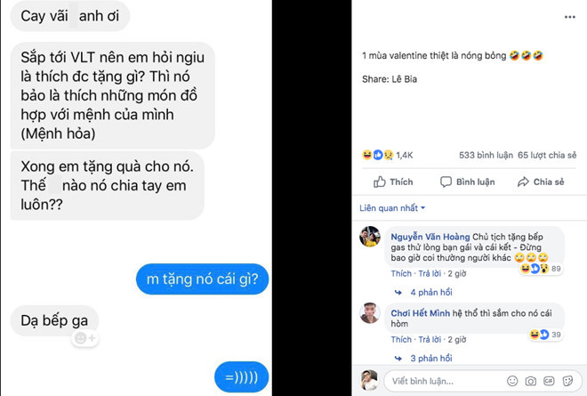 Người xưa có câu "Kẻ ăn không hết, người lần chẳng ra" quả không sai. Trong khi có người bị chế giễu vì không có người yêu, người thì lại đau đầu không biết chọn quà gì cho người yêu vui. Nhưng có bồ khổ vậy đó à? Thế thì cứ F.A cho vui. Ảnh chụp màn hình.