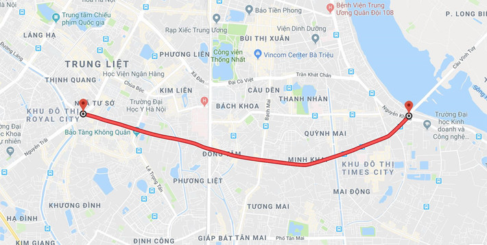 Đường vành đai 2 đoạn từ Vĩnh Tuy đến Ngã Tư Sở. Ảnh: Google Maps.