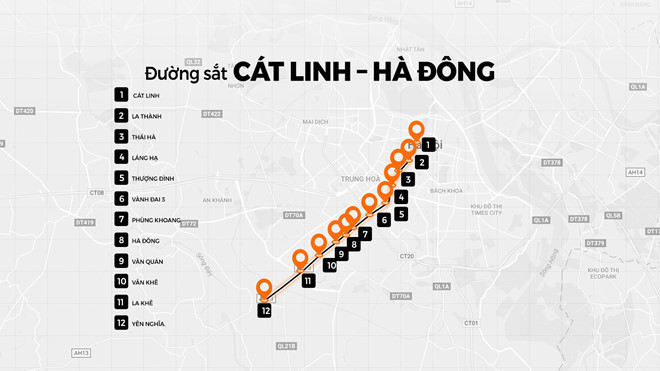 Lộ trình qua 12 ga của tuyến đường sắt Cát Linh - Hà Đông. Đồ họa: Sang Ngô.