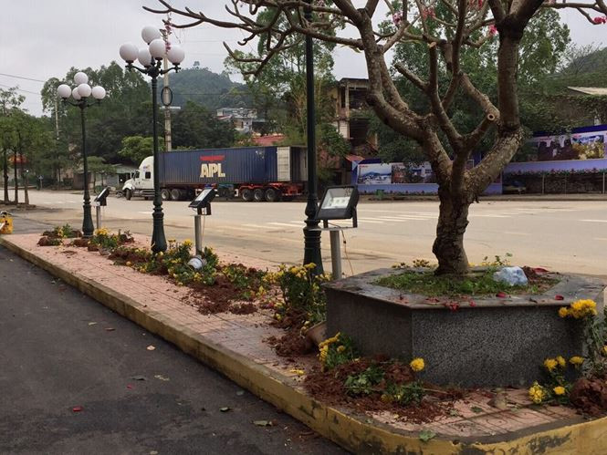 Trên 1000 chậu hoa tươi bị dân lấy đi, trơ lại cảnh hoang tàn trước cửa ga quốc tế Đồng Đăng. Hiện Công ty CP Cấp thoát nước đang thống kê mức độ thiệt hại, báo cáo ngành chức năng, xử lý sự việc. Ảnh: Duy Chiến