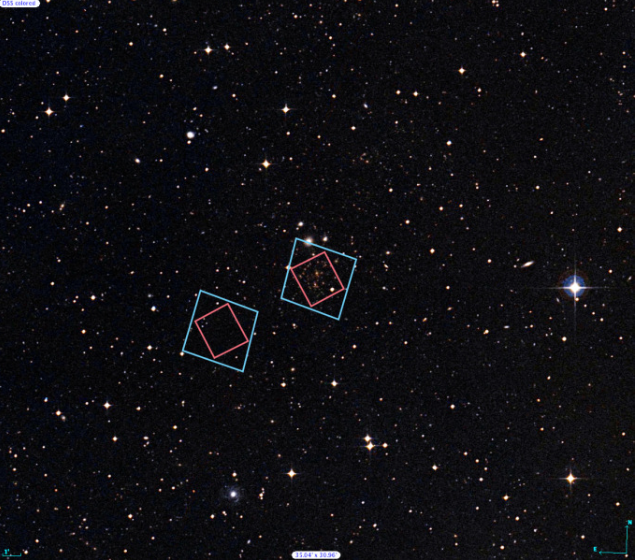 Hubble dùng đồng thời hai máy ảnh quan sát 2 loại ánh sáng khác nhau, một máy chụp Abell 370 và một máy ảnh khác nhìn sâu vào vũ trụ sớm bằng cách quan sát “trường song song”, một phần bầu trời mỏng hơn nằm kế cụm Abell 370. Trong ảnh chụp khảo sát bầu trời được số hóa (DSS) này, Abell 370 nằm bên phải còn trường song song kế bên nằm bên trái. Các hộp xanh và đỏ để chỉ loại ánh sáng mà mỗi máy ảnh Hubble quan sát được: hộp xanh là ánh sáng thấy được, hộp đỏ là ánh sáng hồng ngoại gần (bước sóng khoảng 0,7-1 đến 2,5 µm, 1 µm = 1 phần triệu m).