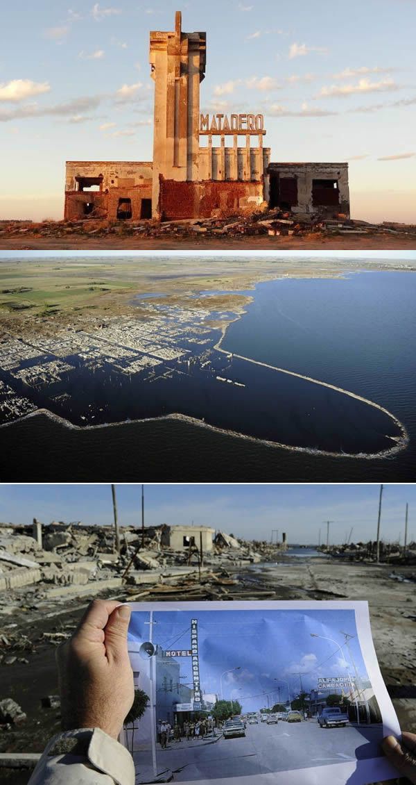 Villa Epecuen, Argentina Những năm 1920, tại Argentina xuất hiện một ngoi làng du lịch có tên Villa Epecuen nằm dọc hồ nước mặn Lago Epecuen - hồ nước có lượng muối đứng thứ hai chỉ sau Biển Chết và cao gấp 10 lần lượng muối trong các đại dương. Năm 1993, một cơn lũ càn quét qua ngôi làng và nhấn chìm toàn bộ ngôi làng trong mực nước sâu 10m. 25 năm sau, khi nước rút, ngôi làng xuất hiện trở lại nhưng chẳng một ai dám về lại nơi đây nữa, ngoại trừ một người đàn ông 81 tuổi có tên Pablo Novak - cư dân duy nhất của ngôi làng. (Nguồn Oddee)