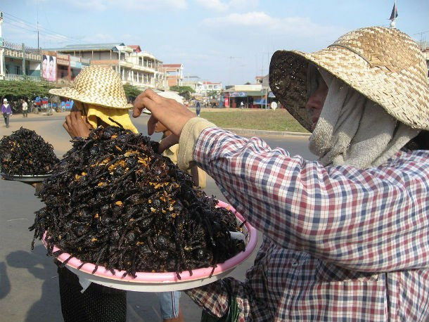 Món nhện chiên ở Campuchia. Những con nhện đen to được chiên giòn từ lâu đã là món ăn khoái khẩu của người dân bản địa Campuchia nhưng nó thực sự là thử thách đối với khách nước ngoài.