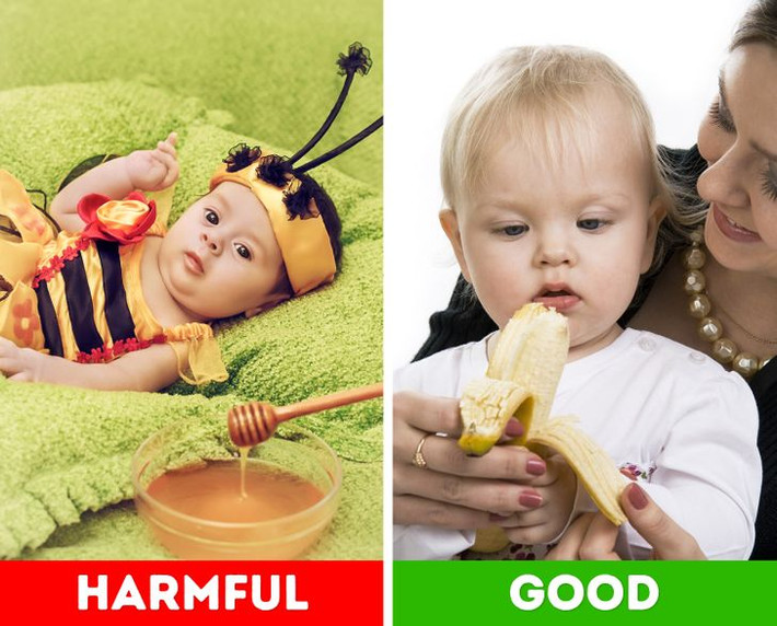 Mật ong. Mật ong là một trong những thực phẩm tốt cho người lớn nhưng có hại cho trẻ. Như đã nói ở trên, mật ong chỉ nên dùng cho trẻ từ 1 tuổi. Nguyên nhân bởi dù giàu dinh dưỡng song mật ong có thể chứa vi khuẩn Clostridium botulinum. Trẻ khi ăn phải thực phẩm chứa Clostridium botulinum, vi khuẩn sẽ xâm nhập và phát triển trong ruột đồng thời sản sinh ra các độc tố gây ngộ độc cho cơ thể.