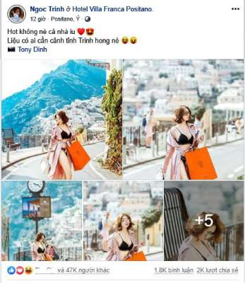 Trong chuyến du lịch Italy cùng với ông bầu Vũ Khắc Tiệp tháng 9 vừa qua, Ngọc Trinh tiếp tục gây sốc khi đăng tải bộ ảnh mặc bikini đi mua sắm. Dường như biết trước mình sẽ trở thành tâm điểm của sự chỉ trích khi đăng status thách thức: "Có ai cần cảnh tỉnh Trinh không?", thế nhưng người đẹp gốc Trà Vinh vẫn nhận phải nhiều phản ứng trái chiều quanh phong cách ăn mặc lố lăng của cô.